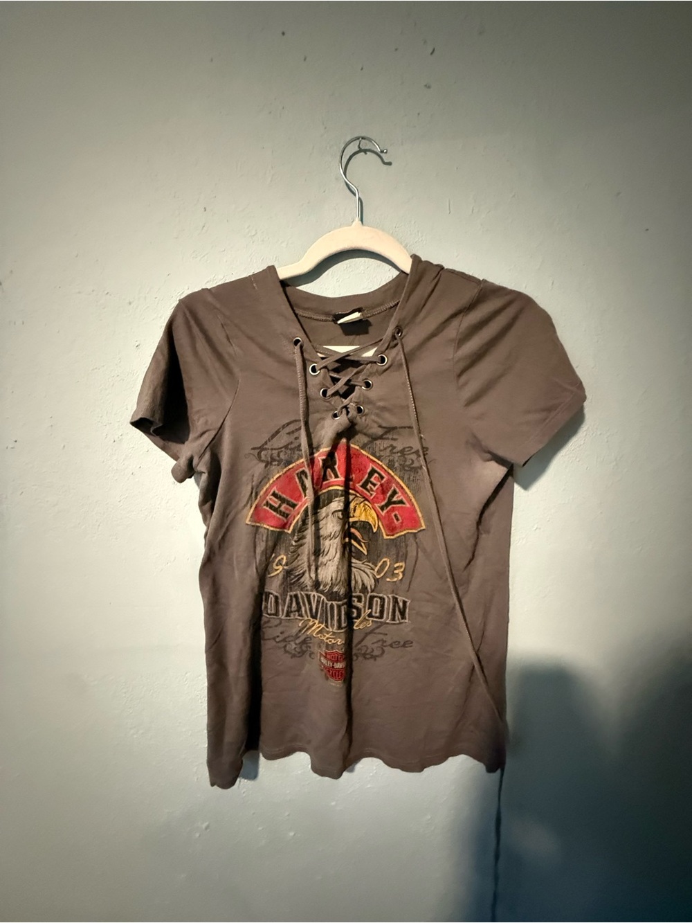 Harley-Davidson Women's Lace-Up Graphic Tee in grey eagle